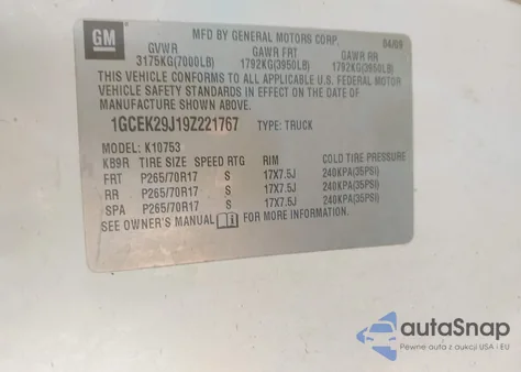 2009 Chevrolet Silverado 1500 Lt z USA, uszkodzony, nr VIN 1GCEK29J19Z221767